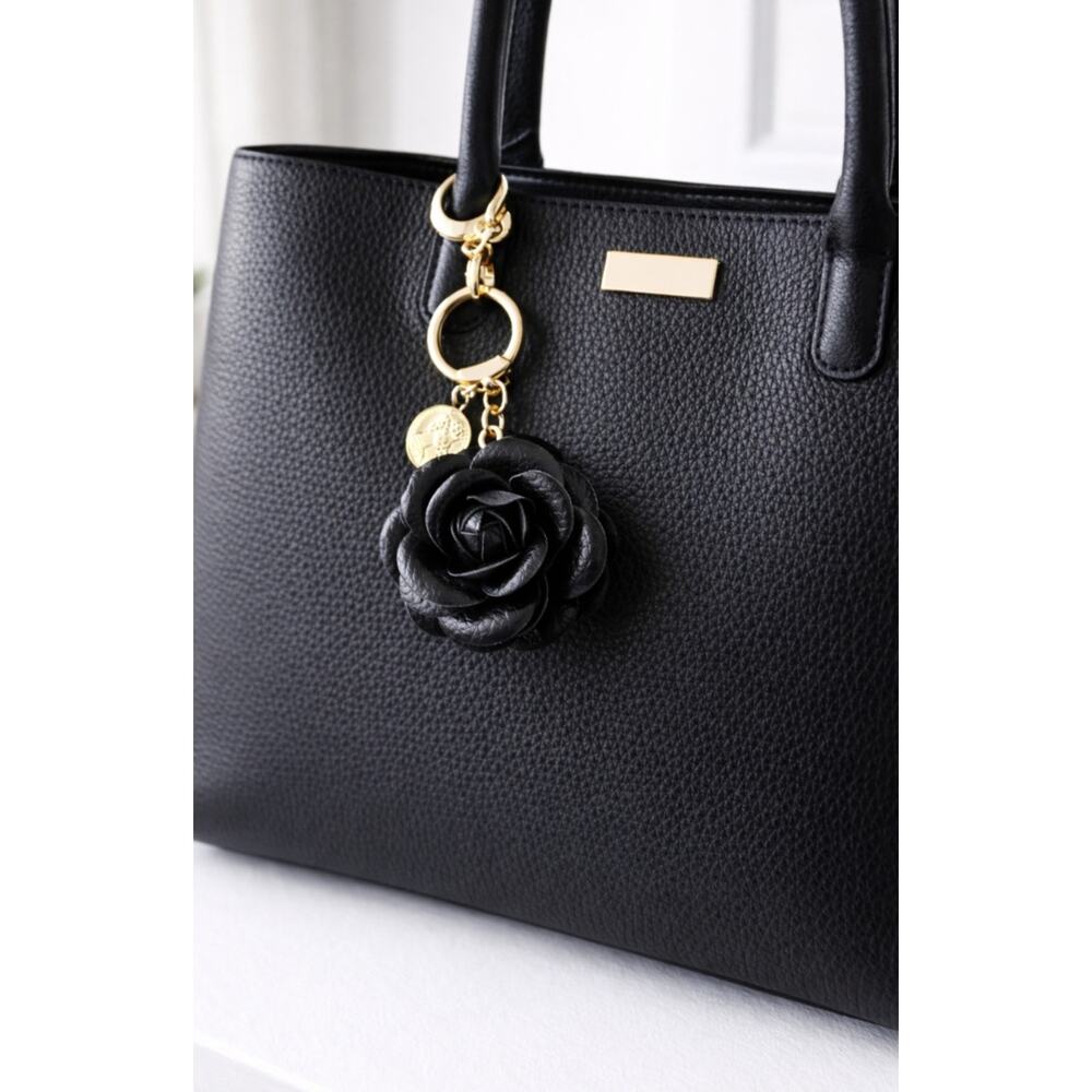 Vegan Leather Black Flower Bag Charm Key Chain New